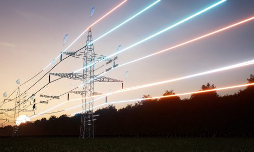 Visualization of energy stream travelling through overhead electrical transfer lines over sunset horizon sky. AR data of sustainable electricity flowing inside web of interconnected cables, 3D render